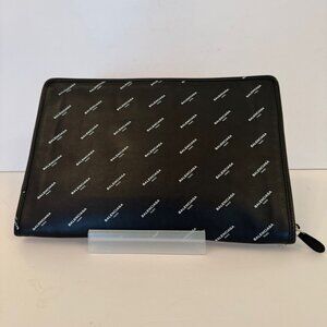BALENCIAGA, All over logo Leather Clutch